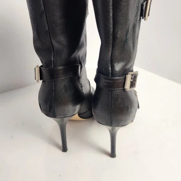 Jimmy Choo Women's Distressed Front Zip Black Leather Boots Size 37.5 (6.5-7) - Picture 3 of 14